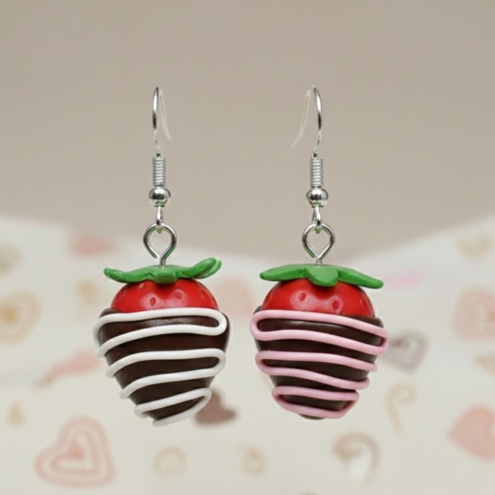 Chocolate Dipped Strawberry Dangle - Handmade Earrings - Valentine's Day